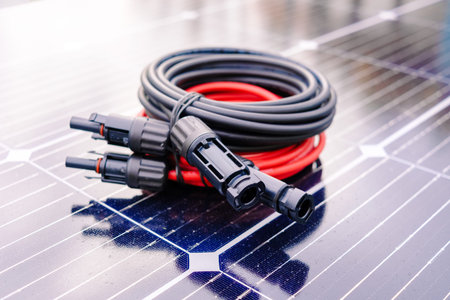 Connectors are placed on a solar panel's surface while red and black power cables remain coiled...