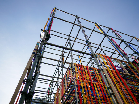 Low Angle View Part of Stage Structure with Colorful Fabricの写真素材
