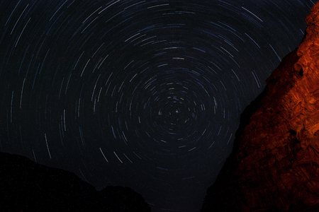 Star trails in the Wadi Rum desert, Jordanの写真素材