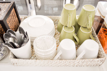 cup ,spoon and dish for drinkの写真素材