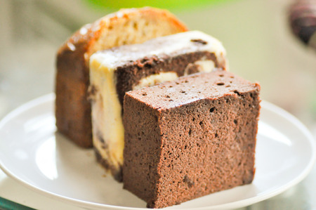 fresh chocolate cake dish on the tableの写真素材