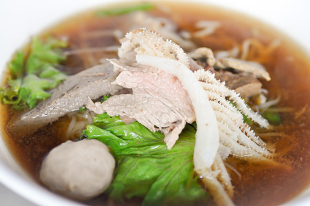 noddle with vegetable, beef,meatball and liver