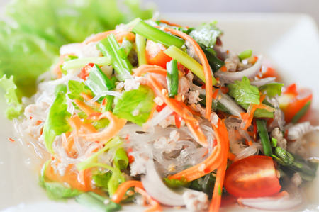 spicy salad or Thai salad with carrot, tomato, glass noodle, celery  and porkの写真素材
