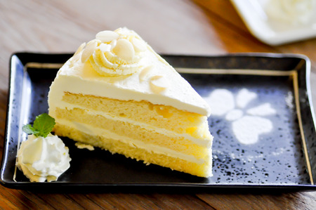 white chocolate  Cake dish on the tableの写真素材