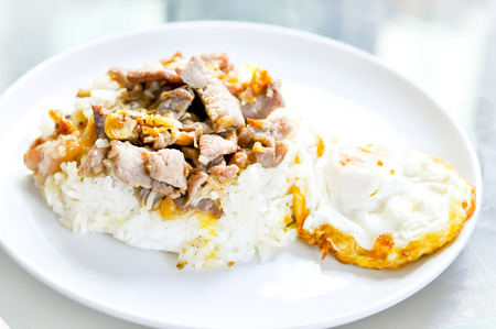 Fried sliced pork with garlic and fried egg,Fried Pork with Garlic Pepper on Riceの写真素材