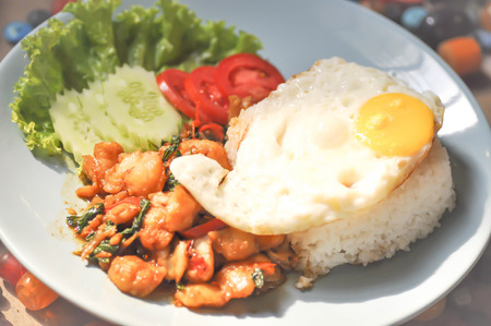 stir-fried chicken with basil , rice and fried egg dishの写真素材