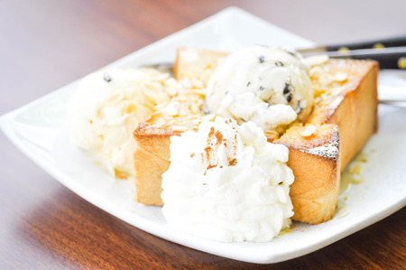 honey toast and ice cream dishの写真素材