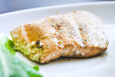 grilled salmon steak dishの写真素材