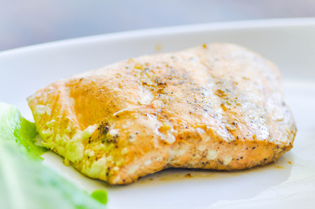 grilled salmon steak dishの写真素材