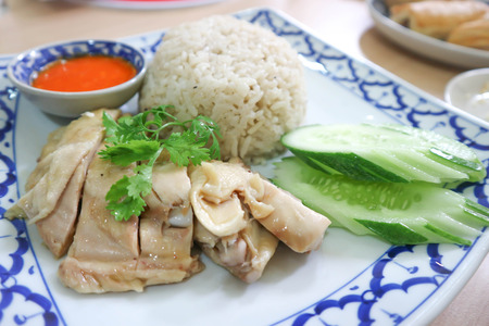 rice with boiled chicken , Hainanese chicken riceの写真素材