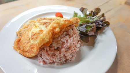rice with omelette topping or fried egg (Thai food)の写真素材
