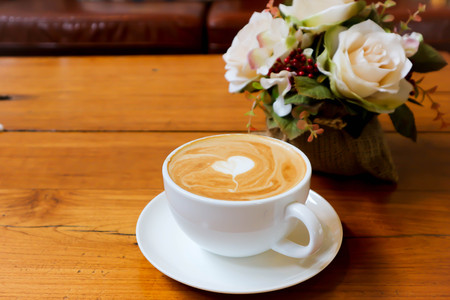 cappuccino or latte or hot coffee on the tableの写真素材