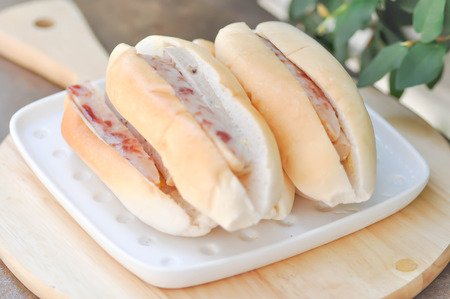 bread with sausage stuffed or laos breadの写真素材