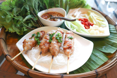 barbecued pork with noodle or Vietnamese barbecued and vermicelliの写真素材