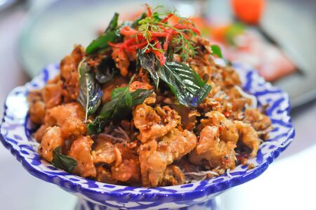 deep fried pork with deep fried basil, Crispy Fried Chicken Tendonの写真素材