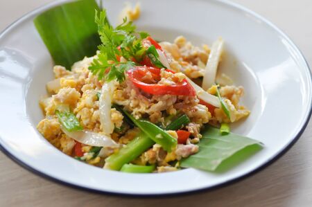 stir fried egg and minced pork or stir fried egg and fermented pork, Thai foodの写真素材