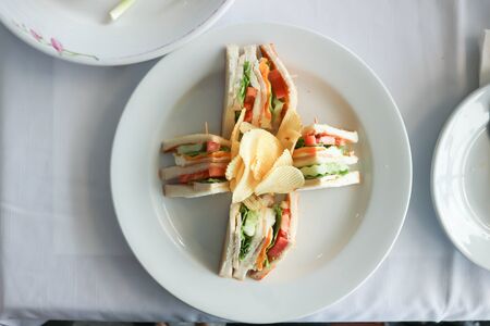 club sandwich, chicken sandwich with chips, fastfood