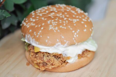 chicken burger or hamburger dish , bread with stuffedの写真素材