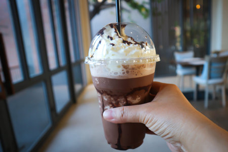 iced chocolate or iced cocoa with whipping cream toppingの写真素材