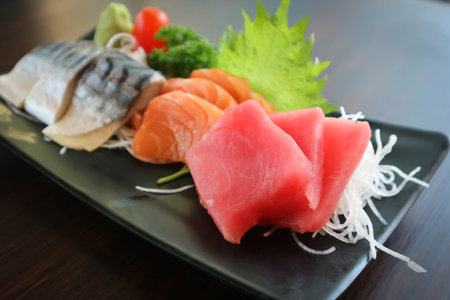 fish , raw salmon and raw tuna or sashimiの写真素材