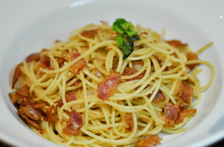 spaghetti or spaghetti carbonara ,bacon pasta or bacon spaghettiの写真素材