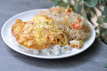 stir fried vermicelli and fried egg with rice dishの写真素材