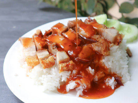 crispy pork with rice, rice topped with crispy pork dishの写真素材