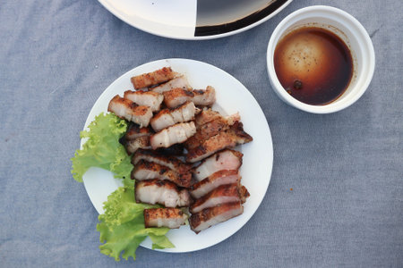 grilled pork or roasted pork , pork steak with dipの写真素材