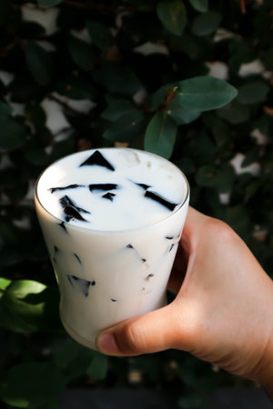 milk with jelly, jelly milk tea in top viewの写真素材