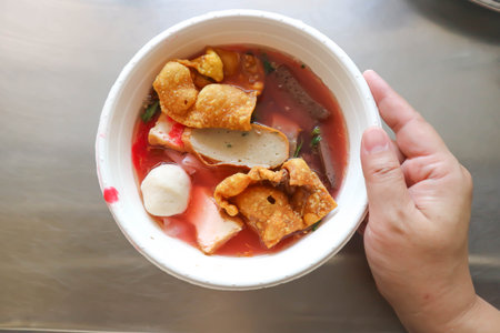 noodles with fish ball and fried wonton, Thai noodlesの写真素材