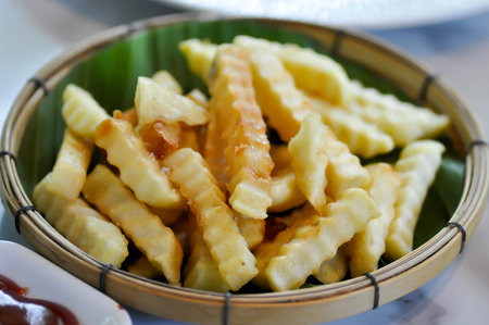 fried potato, French fries with ketchup and mayonnaise