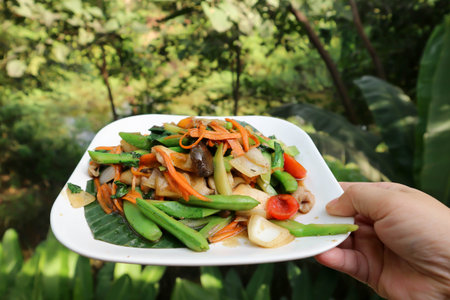 stir fried vegetable with pork, vegetable saladの写真素材