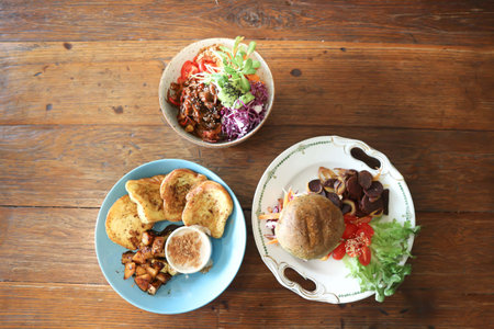 toast with dip ,buger and salad for serve