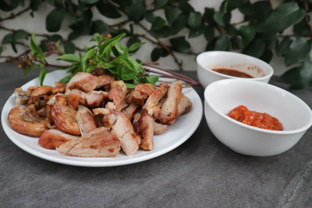 grilled pork , pork steak and grilled chitterlings with dipの写真素材