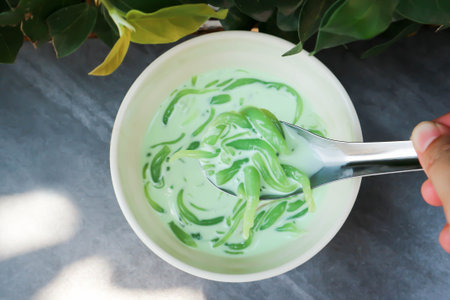 deesert or Thai dessert ,rice noodles with coconut cream for serveの写真素材