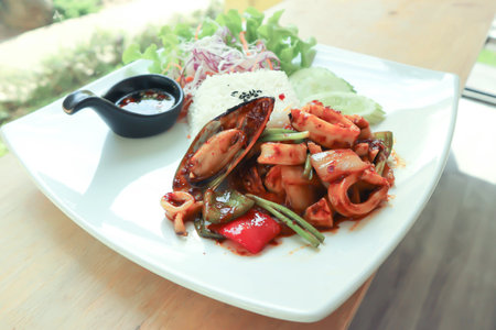 stir fried squid and mussel with rice and vegetable, spicy squid and mussel for serve