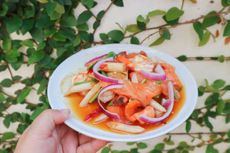 salmon and shrimp salad , spicy salad or spicy seafood salad for serve