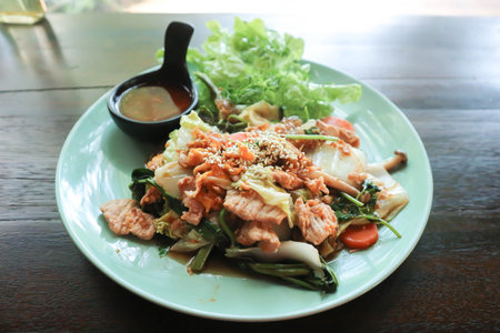 stir fried vegetable with pork and dip or sukiyaki without soup