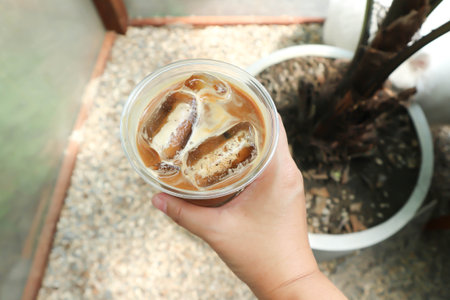 coffee, iced coffee or iced cappuccino coffee in top viewの写真素材