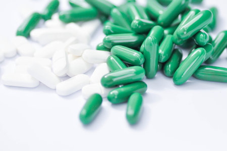 pharmaceutical or medicine or pills, tablets and capsules or green and white medicine or drug or...