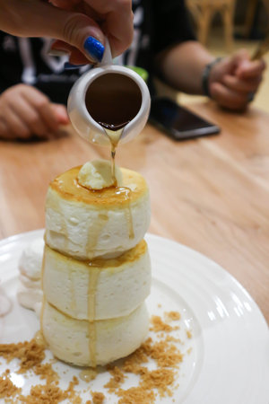 souffle pancake or pancake and vanilla ice cream with sirup sauce , Japanese souffle pancake with...