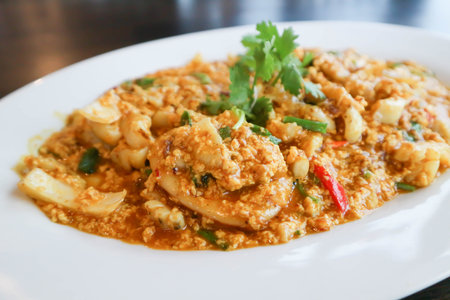 stir fried seafood in curry powder, stir fried squid in yellow curry for serveの写真素材