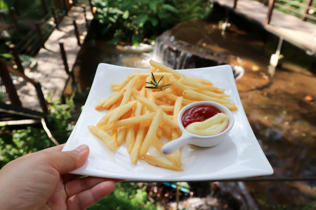 French fries or fried potato , fries or chips with dip