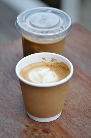 hot coffee , iced coffee or iced cappuccino coffee and hot latte coffee for serveの写真素材