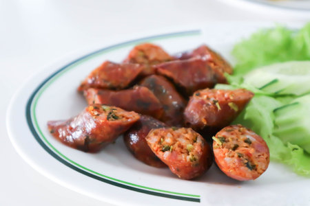 sausage or Northern Thai sausage, sausage or spicy sausage and vegetableの写真素材