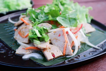 sausage salad, spicy salad or Thai spicy salad or Thai sausage salad for serveの写真素材