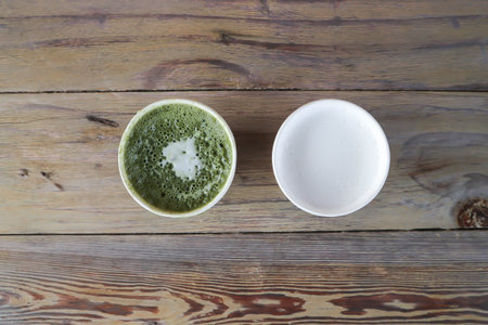 green tea or matcha green teaor matcha latte, matcha green tea latte and hot milk for serveの写真素材