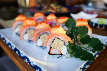 maki or salmon maki or sushi or salmon rolls, Japanese food or sushi for serveの写真素材