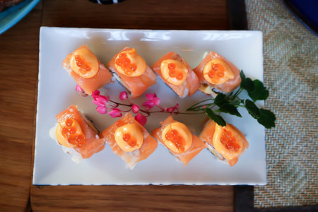 maki or salmon maki or sushi or salmon rolls, Japanese food or sushi for serveの写真素材