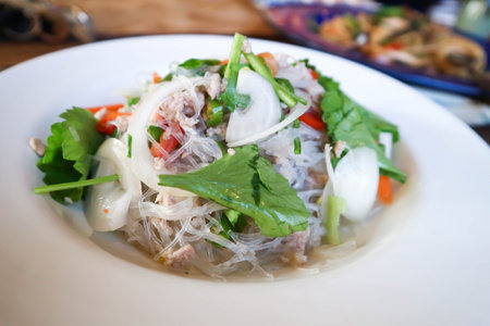 spicy salad or noodles salad, Thai spicy salad or vermicelli and minced pork salad or vermicelli...